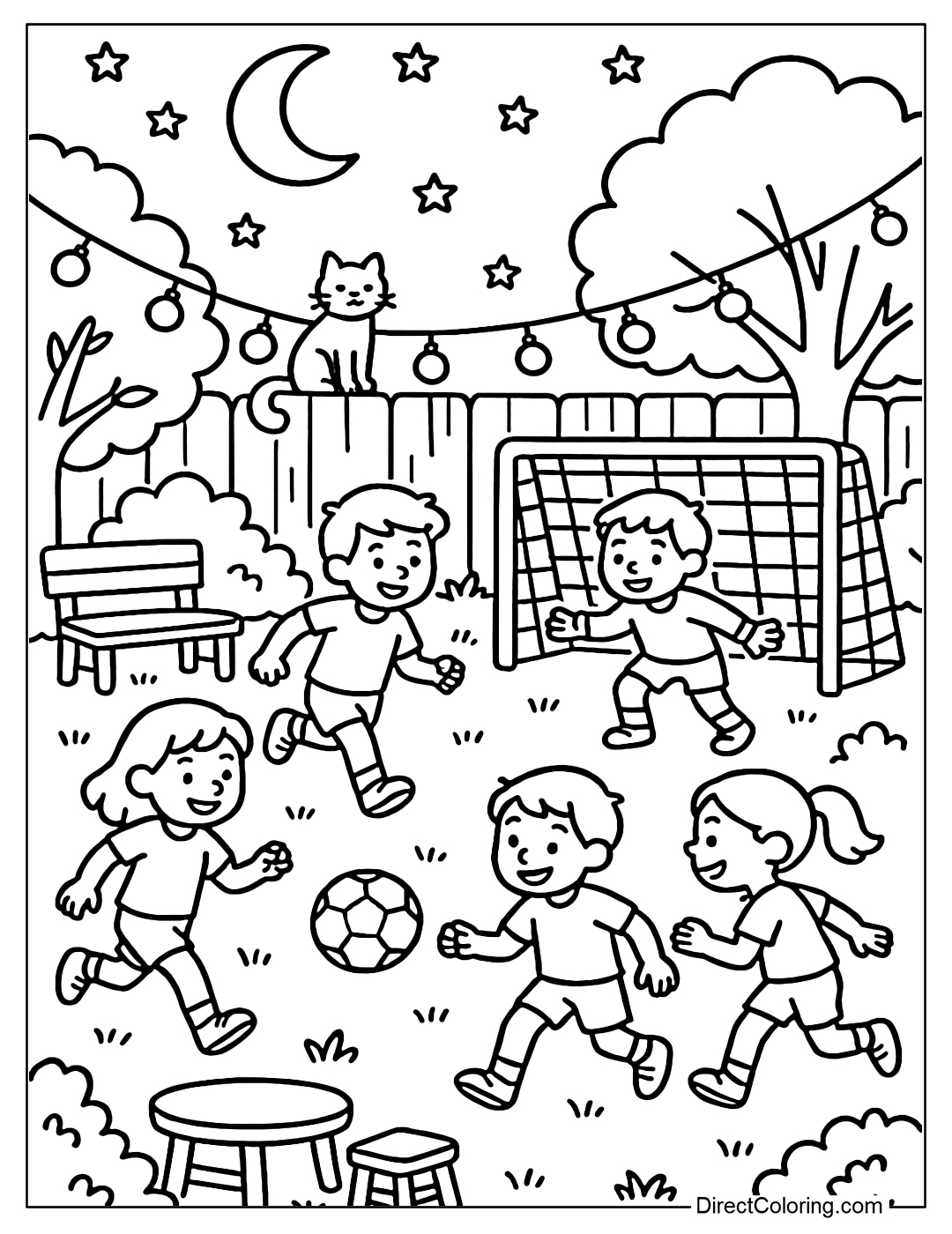 Coloring page of a backyard soccer game at night, with twinkling string lights hanging around the field